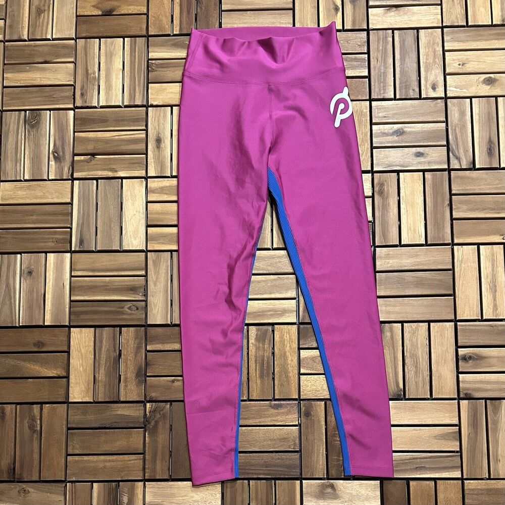 Peloton Show Up Rib High Waisted Leggings Pink/Blue Sz L- Preowned